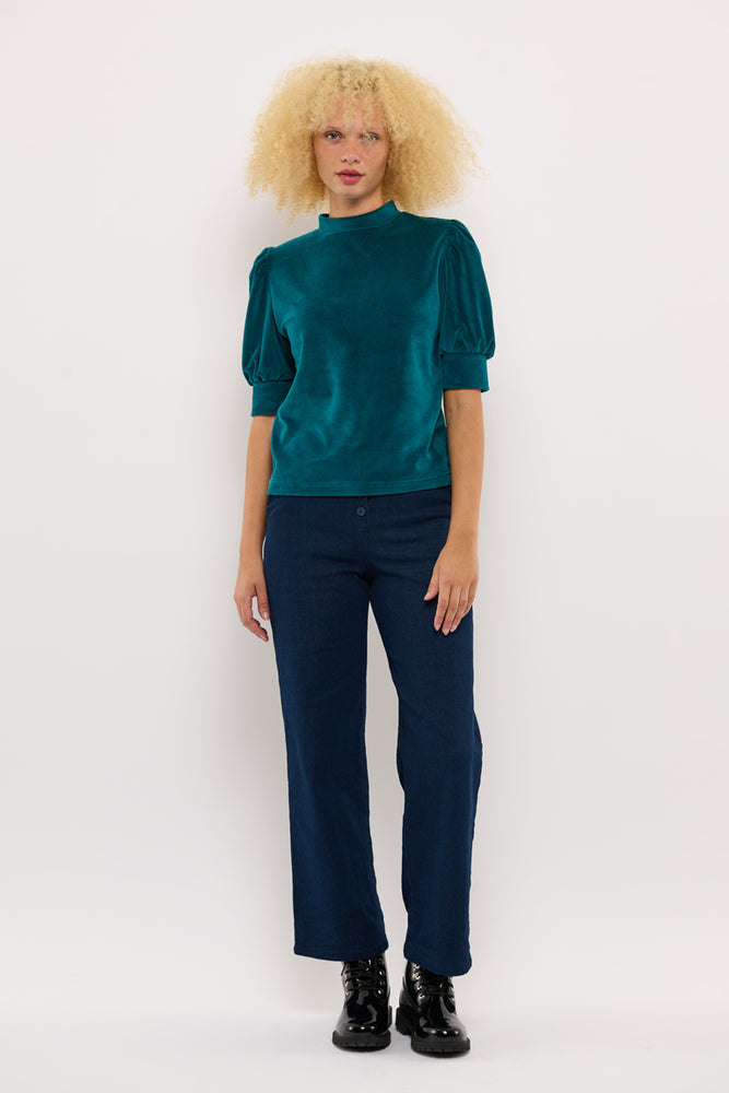 Sophia Lee Magda Puff Blouse / Dark petrol velour