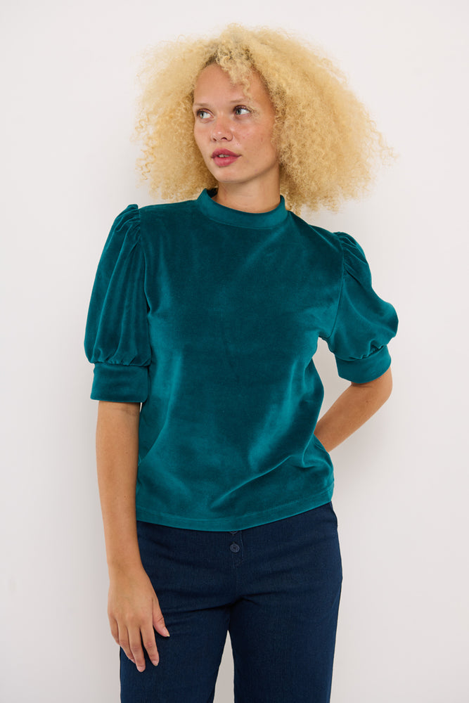 Sophia Lee Magda Puff Blouse / Dark petrol velour