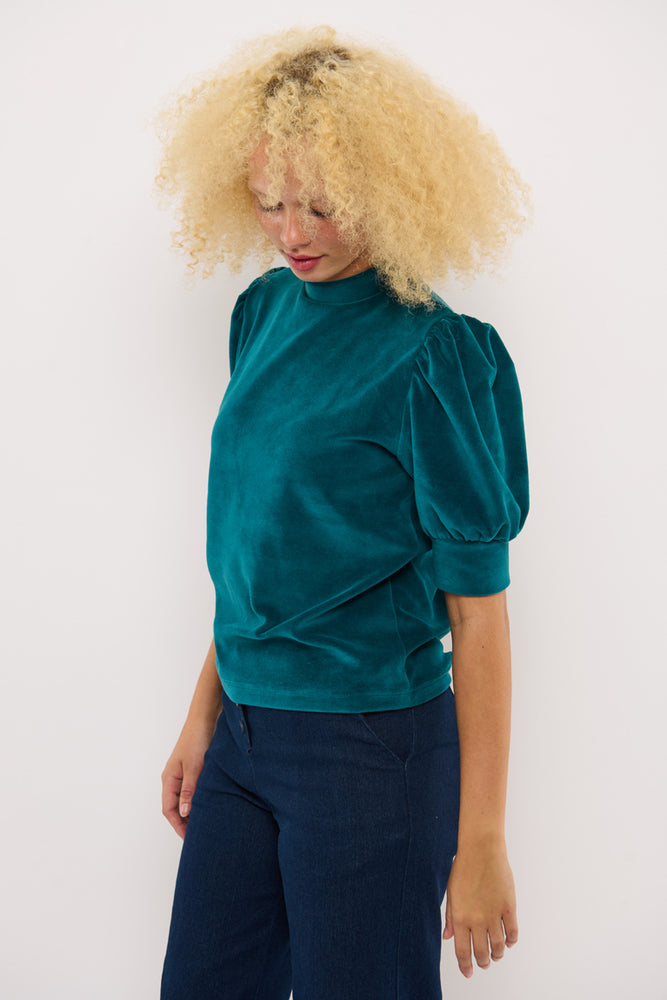 Sophia Lee Magda Puff Blouse / Dark petrol velour