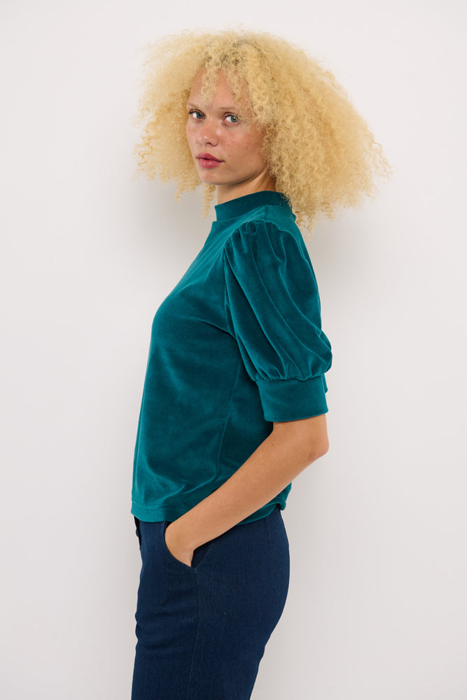 Sophia Lee Magda Puff Blouse / Dark petrol velour
