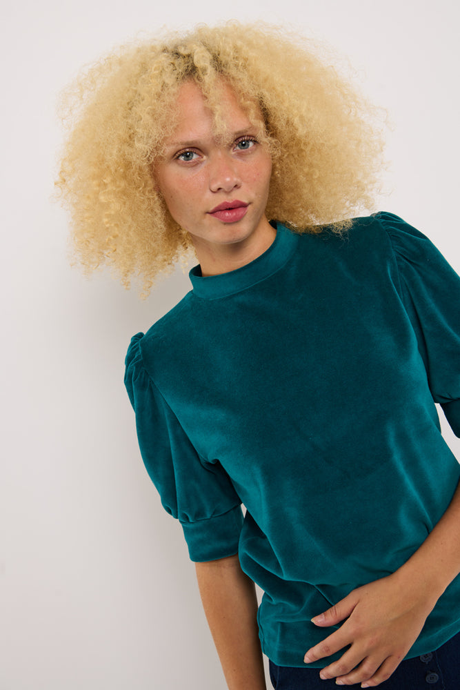 Sophia Lee Magda Puff Blouse / Dark petrol velour