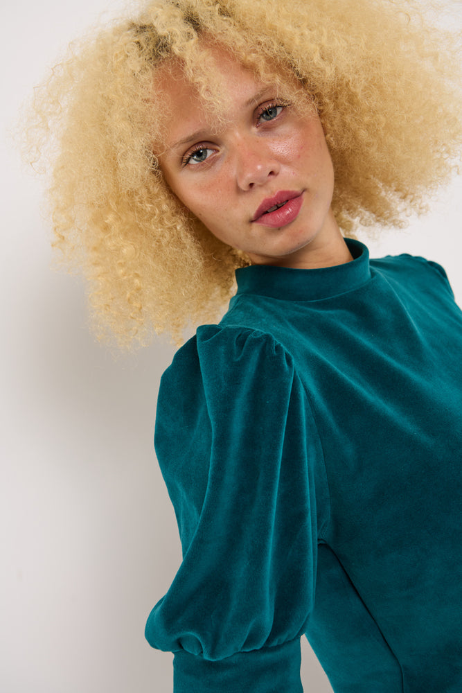 Sophia Lee Magda Puff Blouse / Dark petrol velour